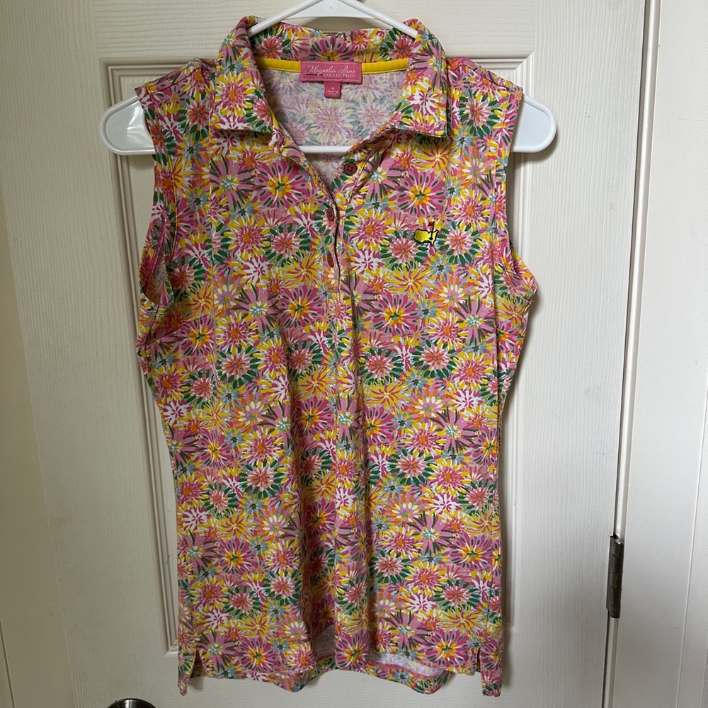 Sleeveless Floral Polo Top - Pink Multi